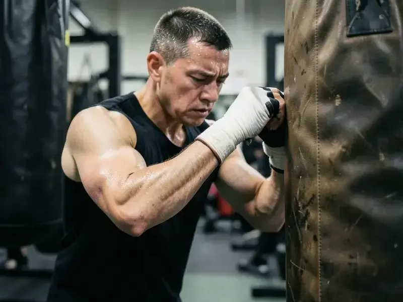Boxer working combinations on the heavy bag