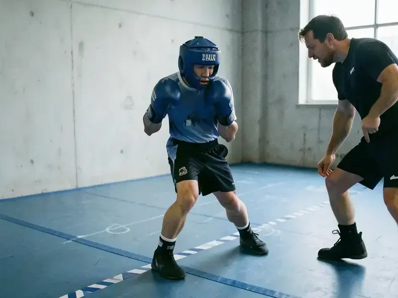 Boxer practicing footwork on the Kharscap mat