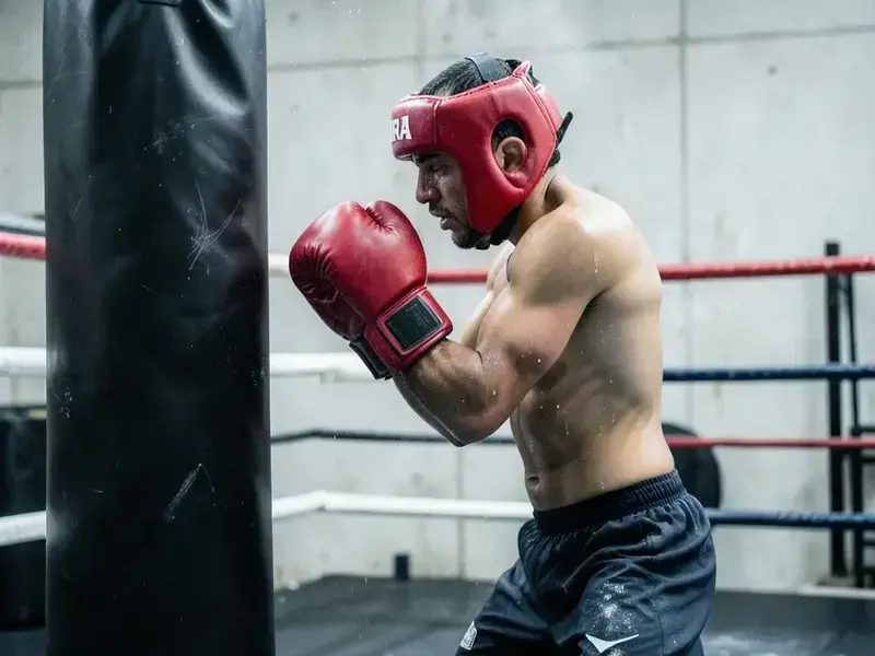 Boxer working the heavy bag in the Kharscap ring