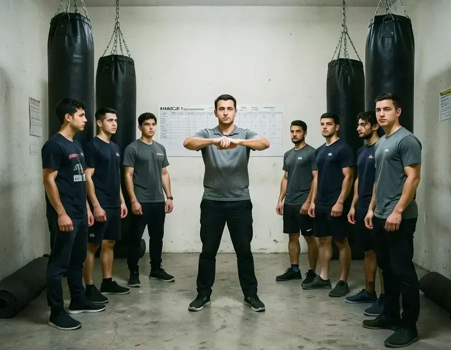 The first Kharscap training room with two heavy bags