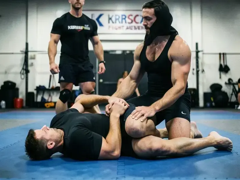 Two athletes grappling on the mat during a Kharscap session